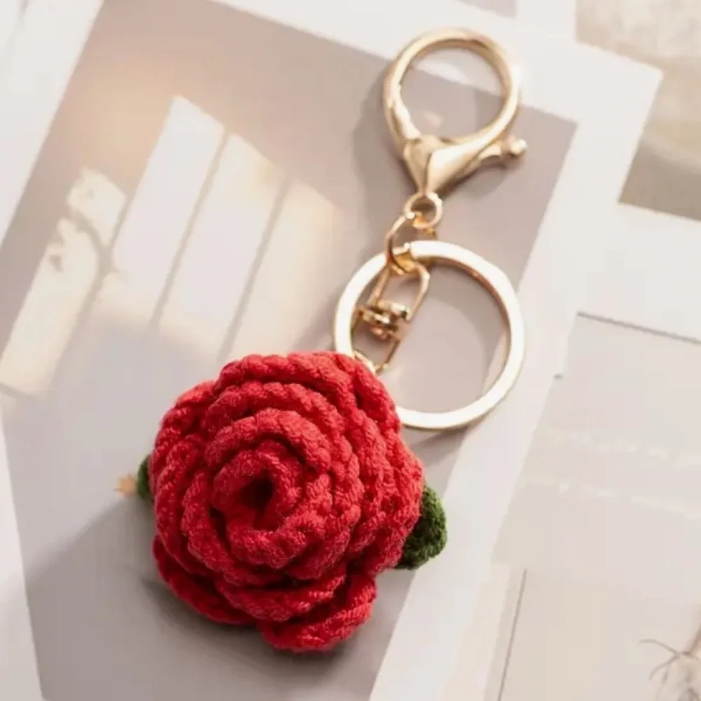 Crocheted Red Rose Keychain Bag Charm